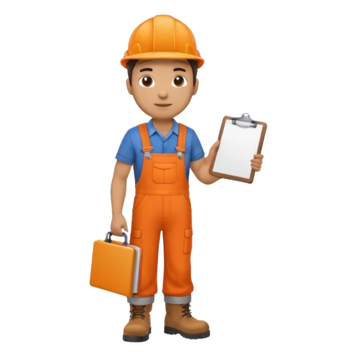 Male railway engineer orange overalls, boots holding a clipboard in one hand sticker