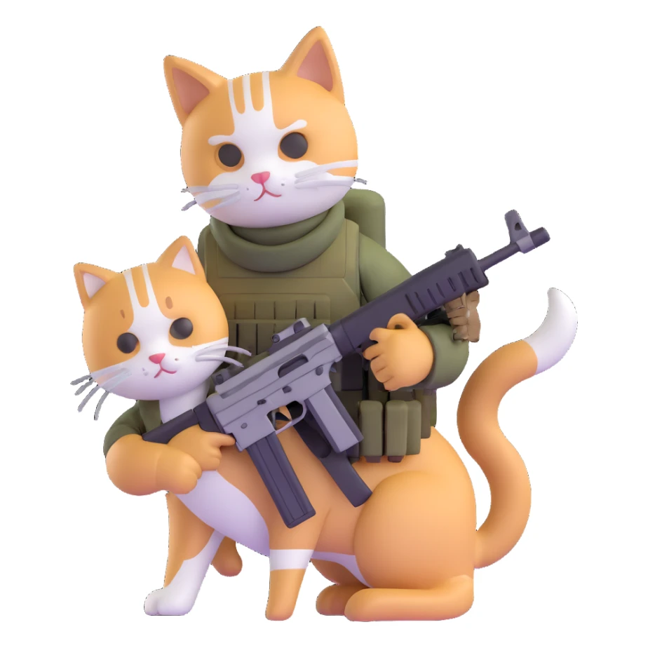 Man in tactical airsoft gear holding a gun in one hand and a white and brown cat in the other hand sticker