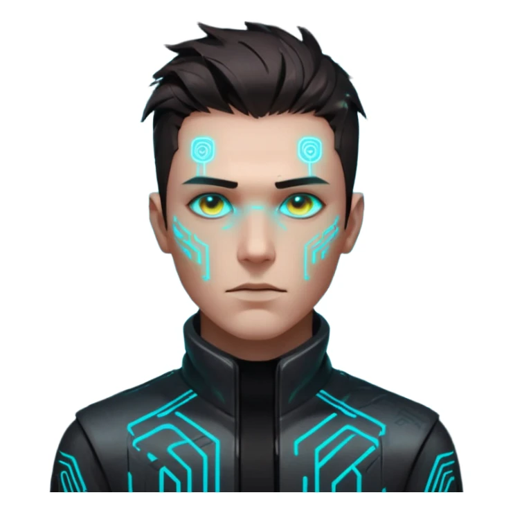 Cyberpunk male head, messy dark hair, glowing circuit patterns tracing from neck to temple, eyes reflecting shifting neon code, clean-shaven, futuristic minimalist aesthetic. sticker