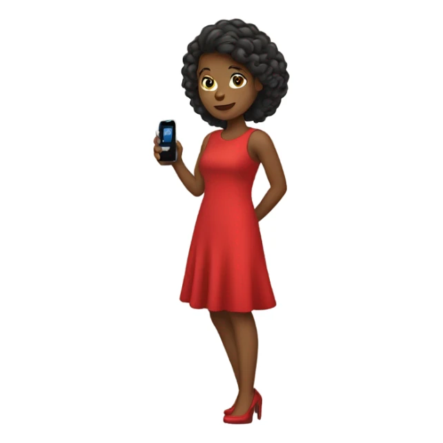 a girl in a red dress holding a cell phone sticker