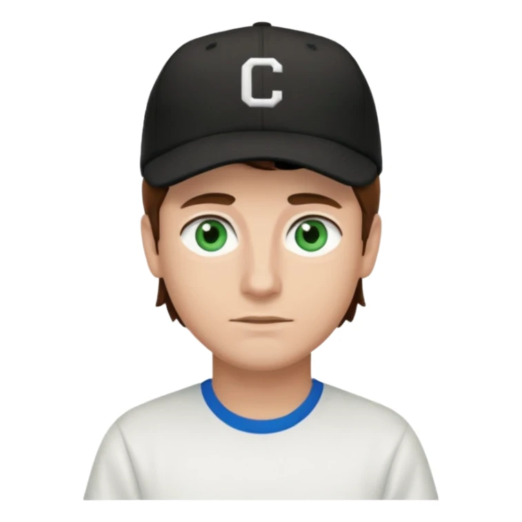 Brown hair man white tshirt black baseball hat green/blue eyes sticker