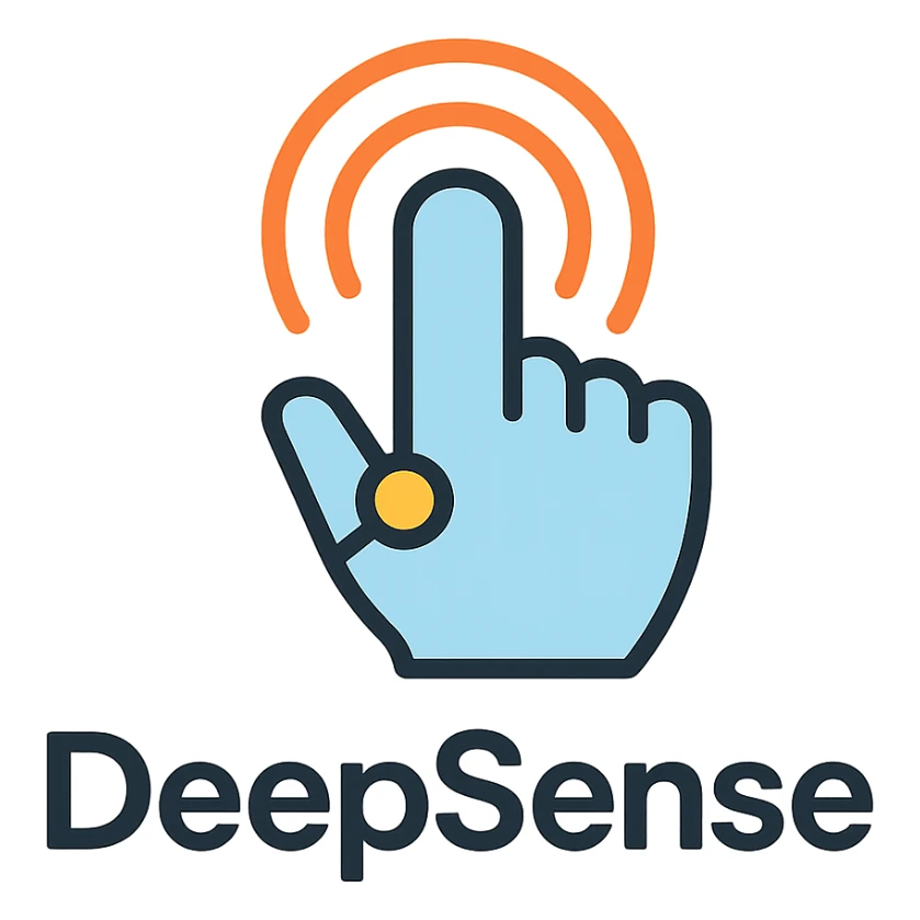 modern simple logo for 'DeepSense' with a stylized touch icon such as a finger with radiating lines or waves, conveying robots sensing through touch, minimal colors, smooth curves sticker