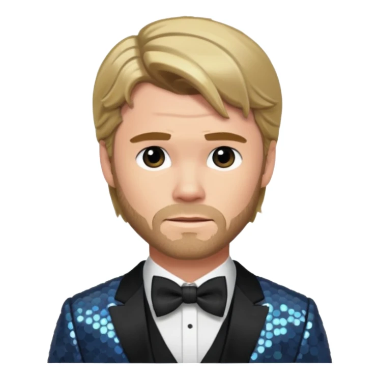 Chris Hemsworth with dark blonde hair, slate sequin suit with bow tie sticker