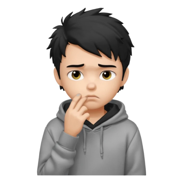 generate a pretty fair bratz boy with black messy hair looking sad with one hand on chin.  Wearing a grey hoodie sticker