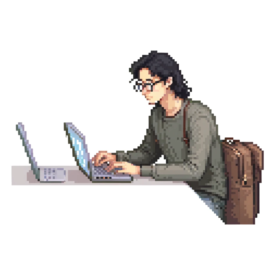 Guy with 3 inch long black hair and glasses on his laptop sticker