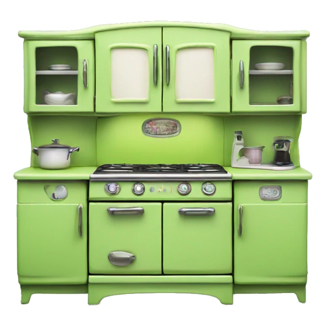 Isolated full length Realistic lime green vintage retro kitchen range with cabinets and counters. sticker