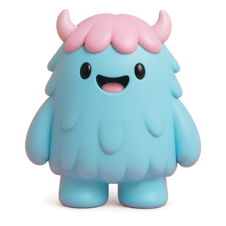 fluffy monster with long fur, tiny horns, cheerful expression, light blue and pink colors sticker