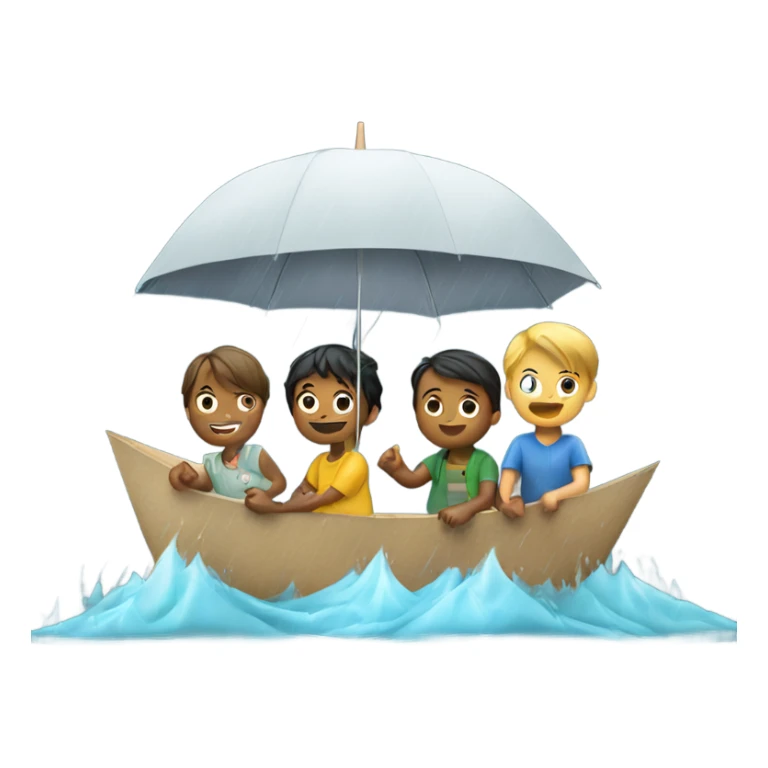 3 kids with a umbrella playing with a paper ship in the rain sticker