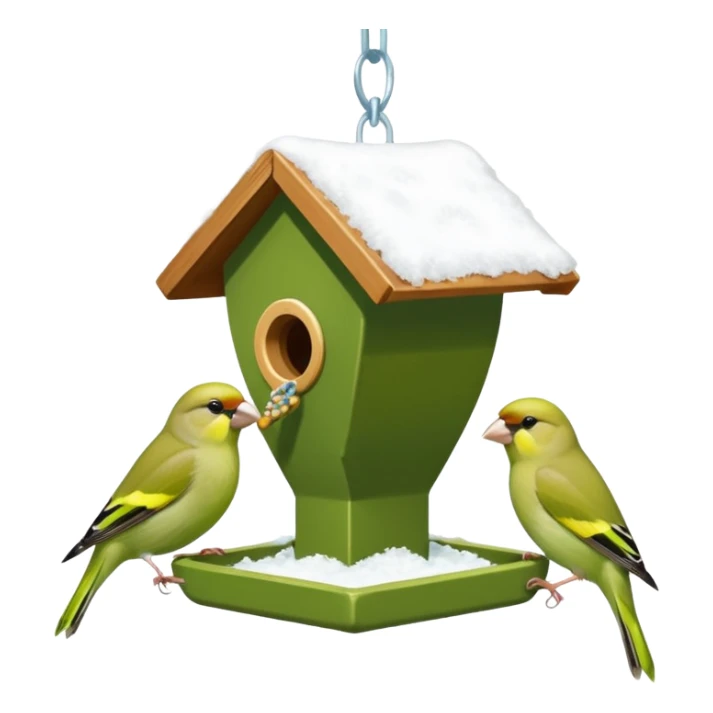 3 Green finch feeding on a bird feeder in the snow sticker