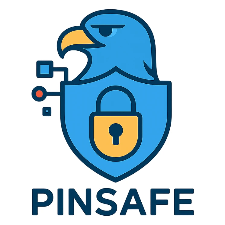 abstract professional eagle logo for digital security agency Pinsafe, stylized with geometric digital motifs, incorporating shield and lock elements, modern trustworthy color palette, evoking cybersecurity national protection professionalism sticker
