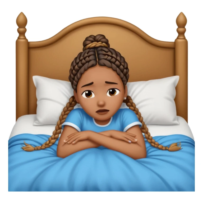 Black woman with braids in a big king size bed on one side by herself crying sticker