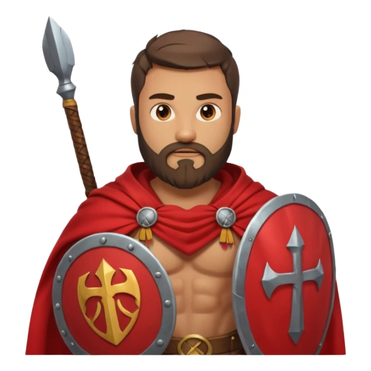 An emoji portrait of a Spartan warrior. He has a determined expression and a beard. He wears a red cloak and holds a shield with a lambda symbol. sticker