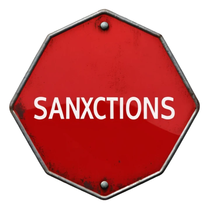red, road sign, hexagonal, with the inscription SANCTIONS sticker