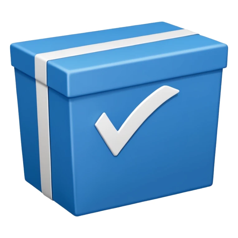 Blue box with a white check mark in the middle of the blue box that is a little bit tilted to the right and its 2d sticker