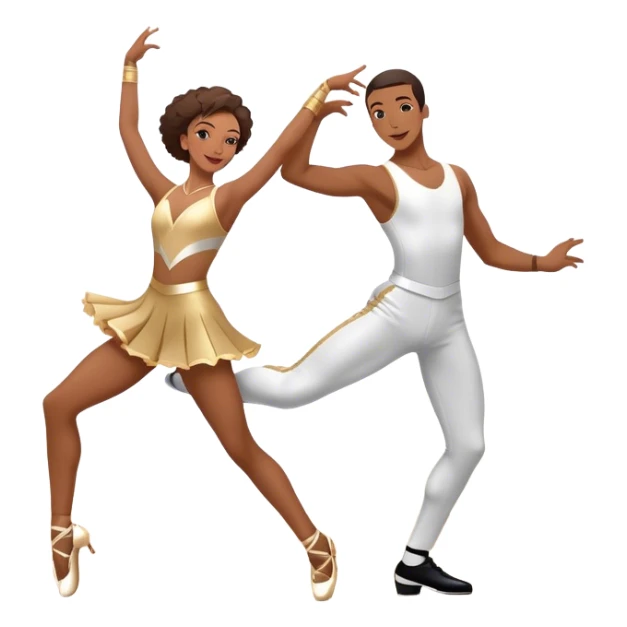 Icon for Sports Dance: a couple performing an energetic and synchronized dance, dressed in competitive dance attire, dance shoes, a rhythmically placed dance floor, and a competition backdrop. The icon should capture the athleticism, technique, and precision of sports dance. Transparent background. sticker