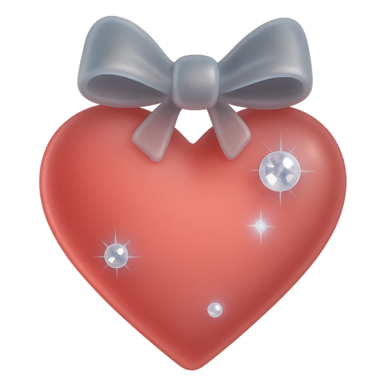 tiny red heart with a bow, pastel red enamel, sparkling gems, soft glowing effect sticker