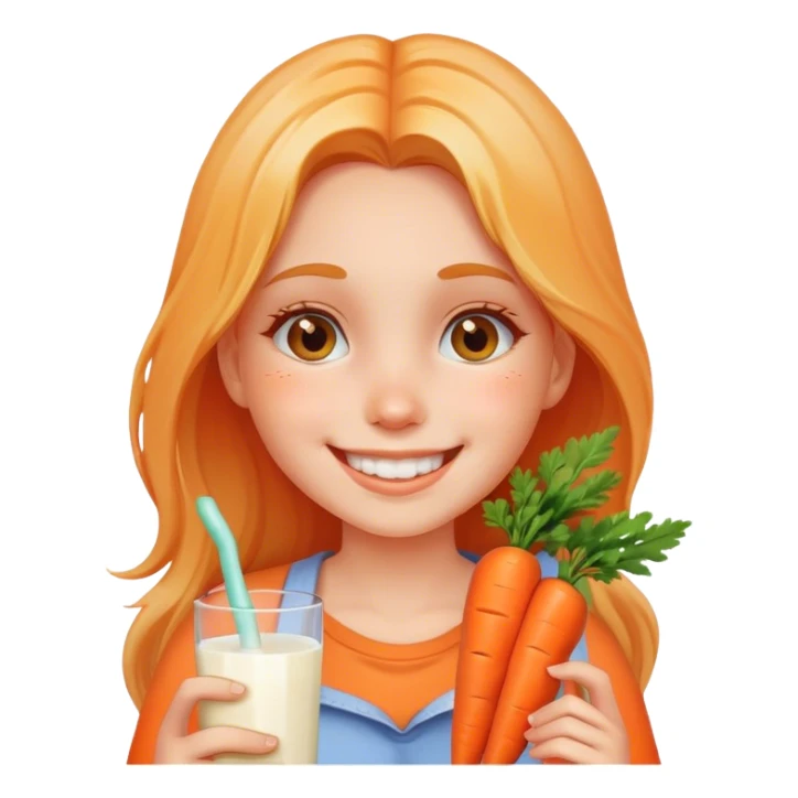 Girl smiling holding carrot milk on her face sticker