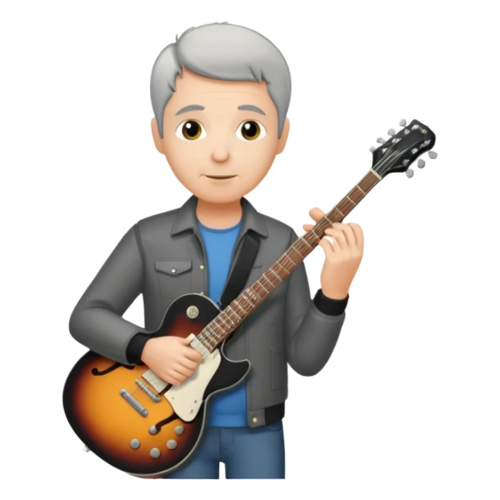 a short grey hair, middle age metal head with a classic epiphone eletric guitar sticker