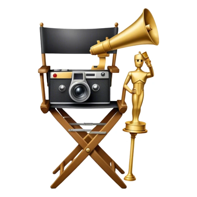 Professional icon for Directing: a collage featuring a director's chair, a film camera, a megaphone and an Oscar trophy. The icon should represent the craft and creativity of film directing, with emphasis on leadership and cinematic artistry. Transparent background. sticker