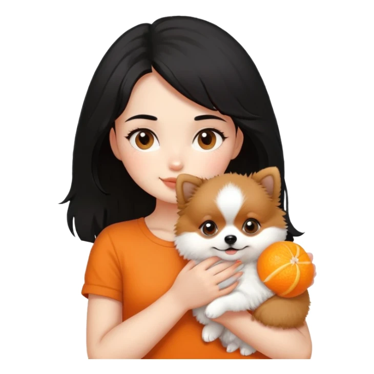 A black haired girl with holding a pomeranian puppy sticker