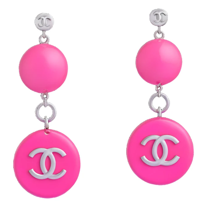 Remove any pearl elements, keep as glossy pink 3D emoji-style drop earrings with a small silver Chanel logo charm, elegant, with no background. sticker