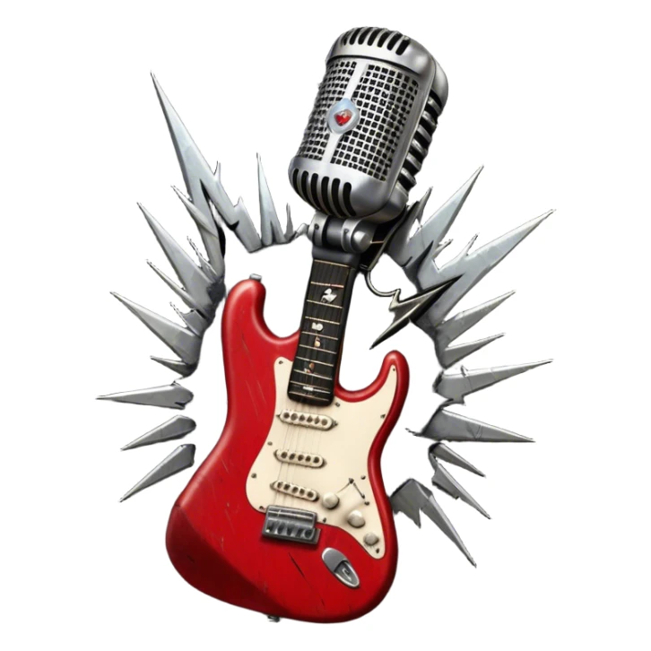 Create a powerful and dynamic humanless emoji representing rock vocals. The design should feature a classic vintage microphone with a rugged, distressed look, surrounded by elements like a guitar pick, electric guitar neck, and sound waves to reflect the raw energy of rock music. Add subtle details such as a spiked bracelet, leather textures, or bold lightning bolts to evoke the rebellious and intense spirit of rock. Use dark, edgy colors like black, red, silver, and metallic accents to emphasize the fierce, loud, and passionate nature of rock vocals. The background should be transparent. sticker