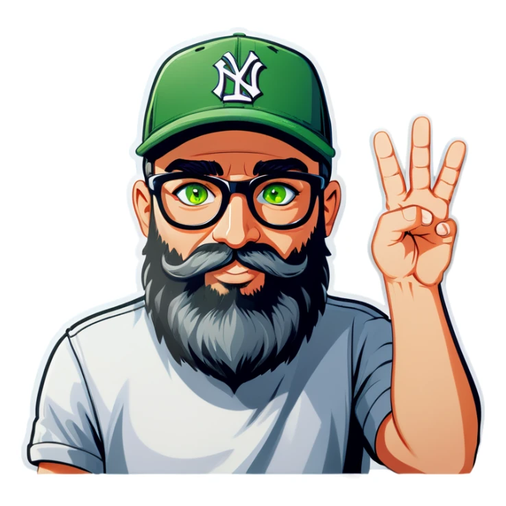 A bold man with a grey baseball cap, green eyes, big beard and glasses, waving  sticker