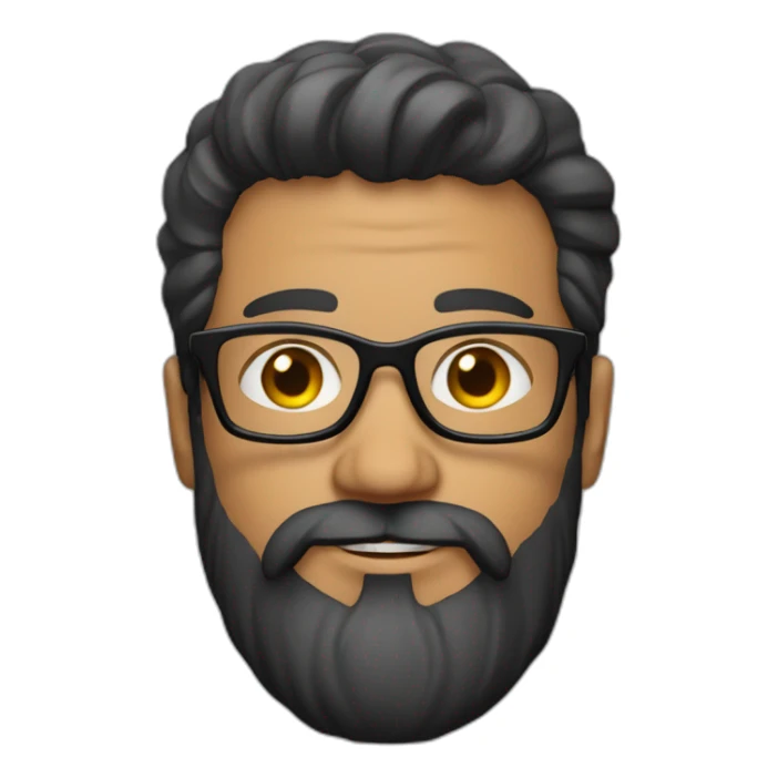 White man with a sun kissed tan. His hair is black, styled sideways backwards. He has a beard and mustache trimmed. Wears s black t-shirt and grey glasses sticker