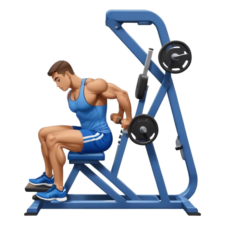 side-view bodybuilder in blue shorts seated weighted calf-raise machine lower leg exercise sticker