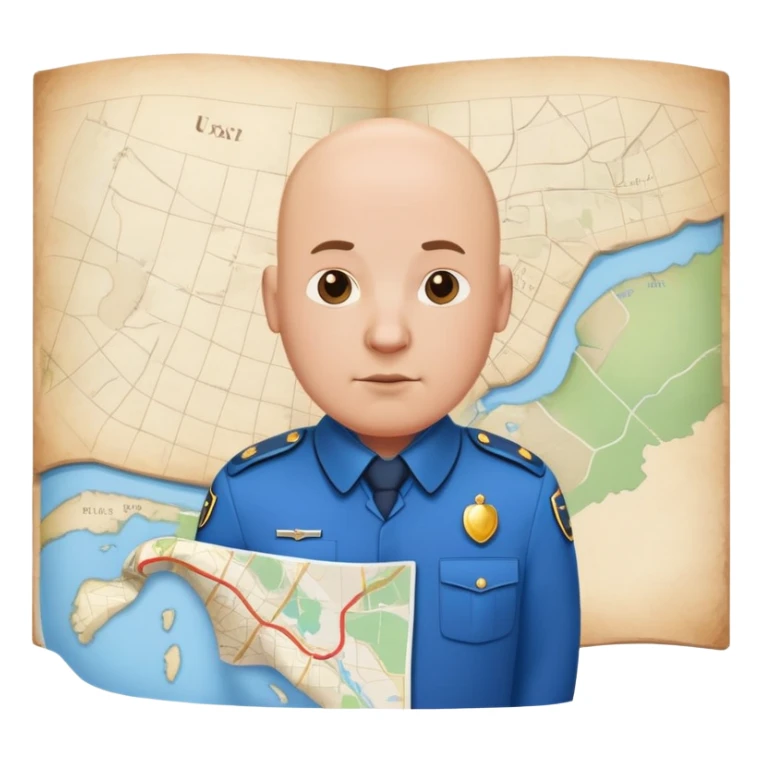 bald a bit fat man in a blue uniform stand before a map sticker