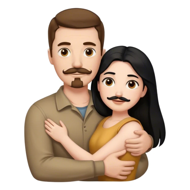 Couple, Tall strong white man with brown hair mustache and goatee, hugging small pale woman long with black hair sticker