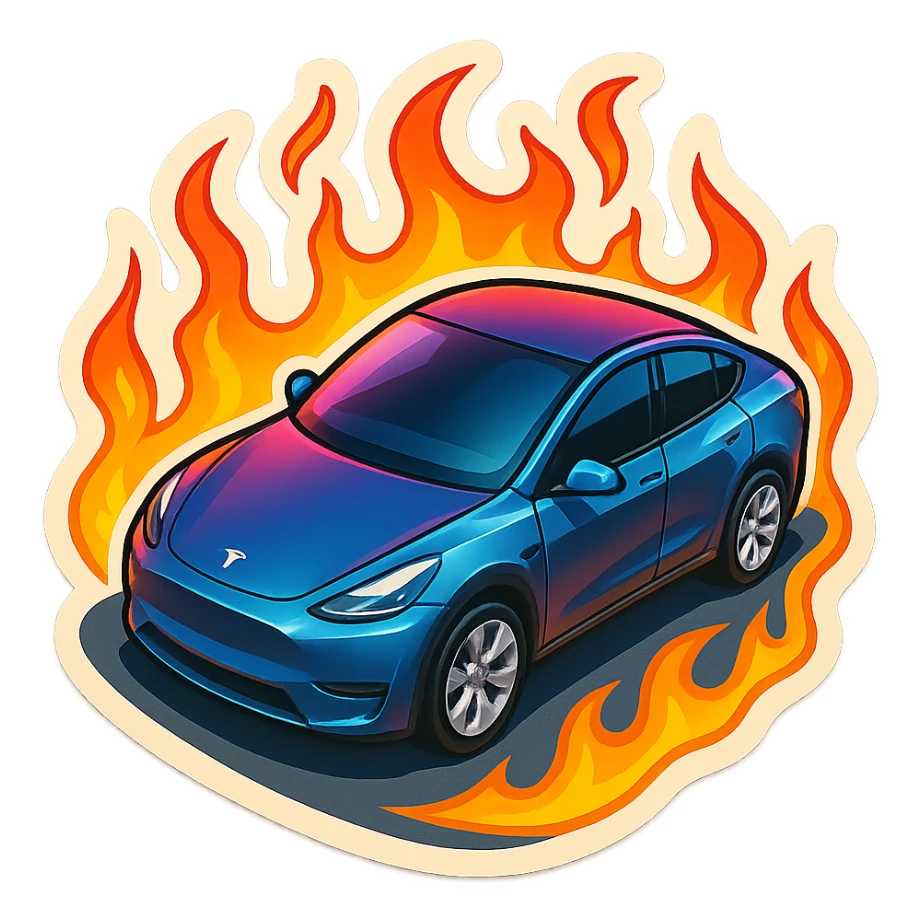 A Tesla Model Y parking in a driveway, from above, with fire around sticker