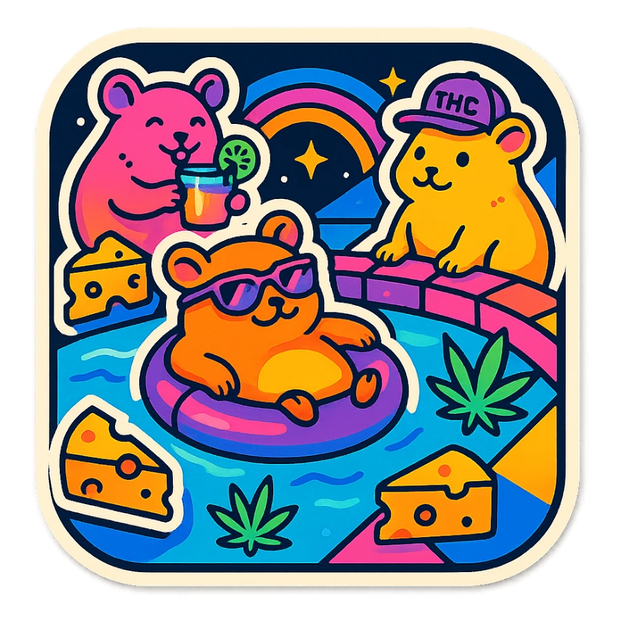 square Discord server icon, retro 80s/90s nostalgia style, hamsters at a pool party with weed leaves, cheese, THC details, neon colors, geometric shapes, playful bold outlines, centered clear fun composition sticker