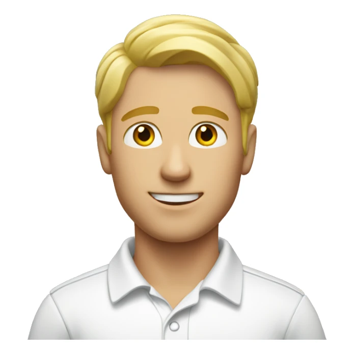 a blond guy in a white polo with a photo ID. sticker