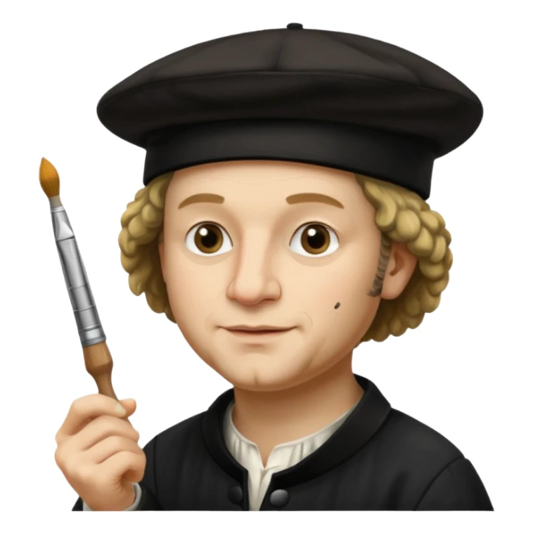 Rembrandt wear black beret hat, hold a brush sticker