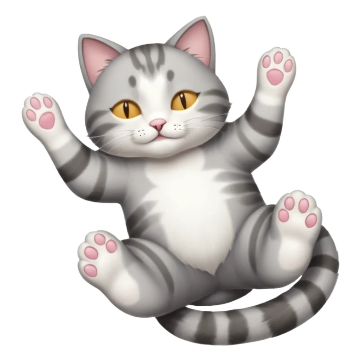 grey and white small cat eyes closed lying down upside down with paws stretched out straight in different directions sticker