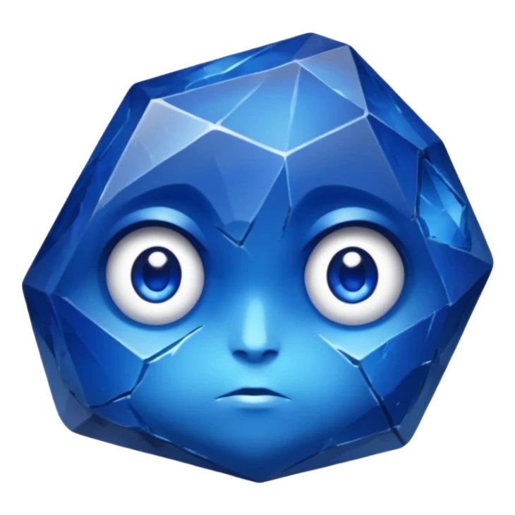 A single sapphire-blue faceted rock head, chunky and worn, with very visible big cracks and chipped facets but still shiny, big kind eyes sticker