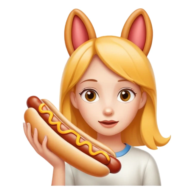 A girl with a hotdog with ears sticker