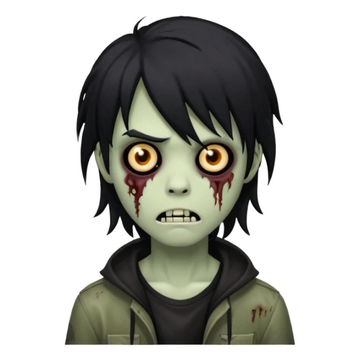 spooky boy zombie, black medium-long hair, emo and shaggy, creepy expression sticker