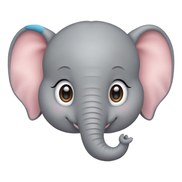 A cute, friendly cartoon elephant face smiling broadly. Big sparkling eyes, rosy cheeks, soft rounded shapes, pastel colors, children's book illustration style, heartwarming sticker