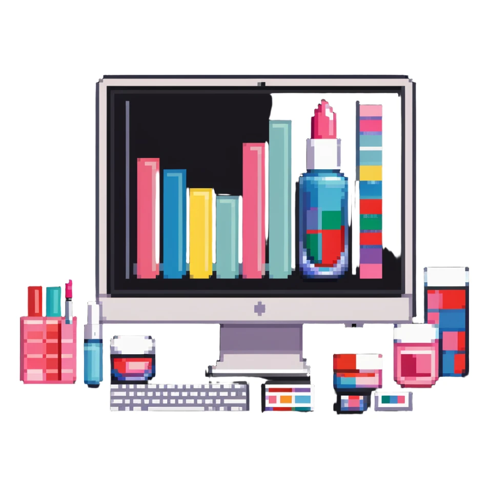 iMac computer with colorful bar charts and beauty products like lipstick, nail polish, cream jars on the screen sticker