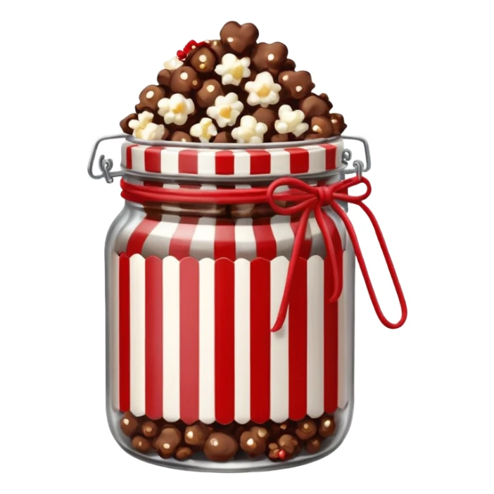 Chocolate popcorn in a jar with red and white lines sticker