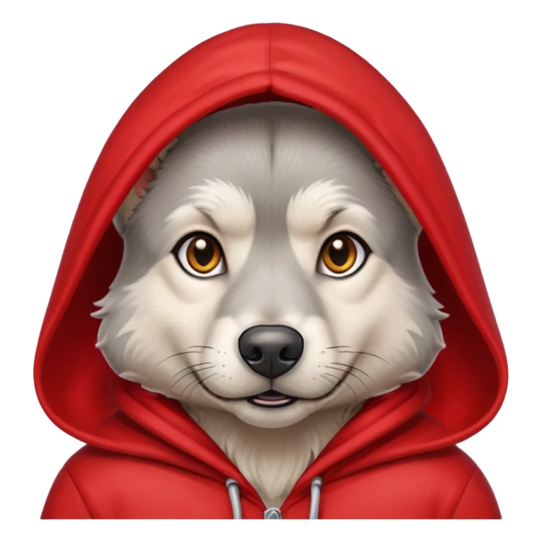 gray stray dog with red hood sweatshirt sticker