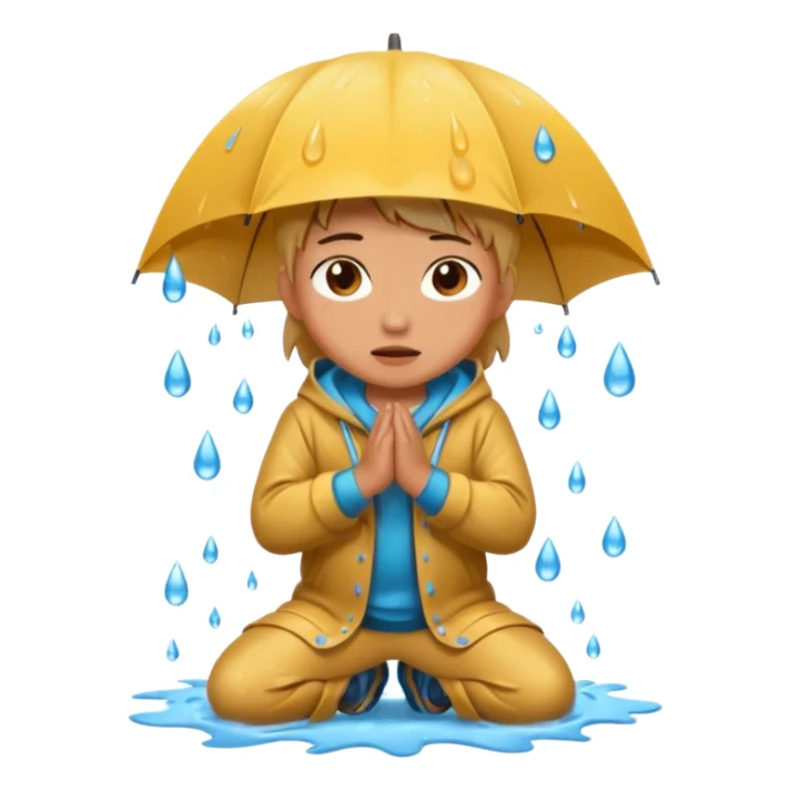 Character kneeling as rain hits the ground, one drop splashing exaggerated sticker