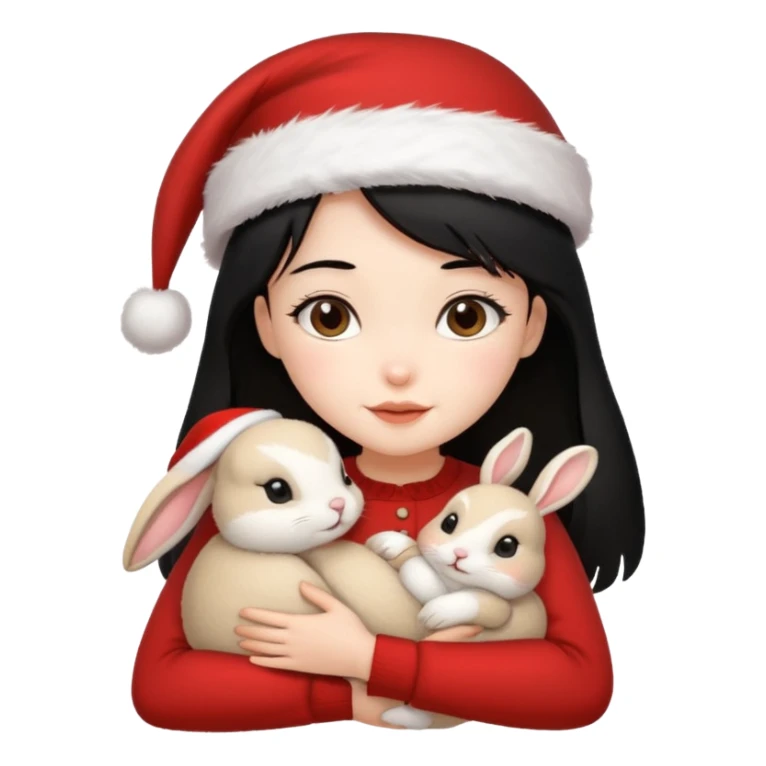 Girl black hair hugging one beige rabbit christmas sticker
