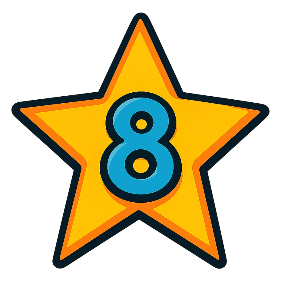 five-pointed star with the number 8 centered inside, vibrant toon style sticker