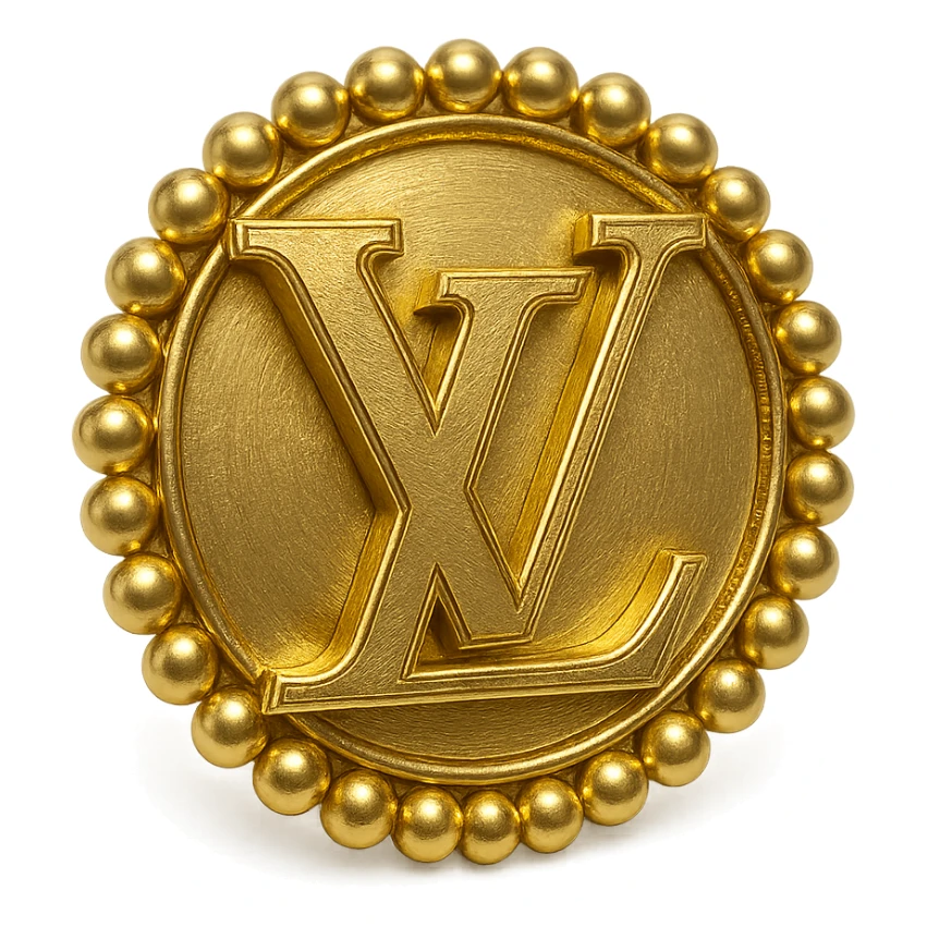 Louis Vuitton monogram in metallic gold style, elegant and classic, with a pearl border sticker