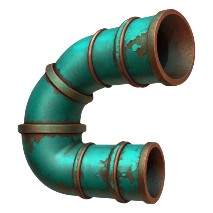 3D render of Garden Pipe, heavily oxidized copper texture, verdigris patina, Pipe joint with teal oxidation, weathered bronze aesthetic, ancient decay, emoji style, isolated on white background --v 6.0. sticker