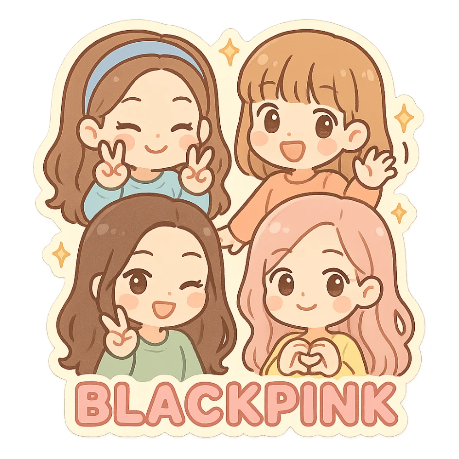Blackpink members as chibi characters, cute, playful, pastel colors sticker