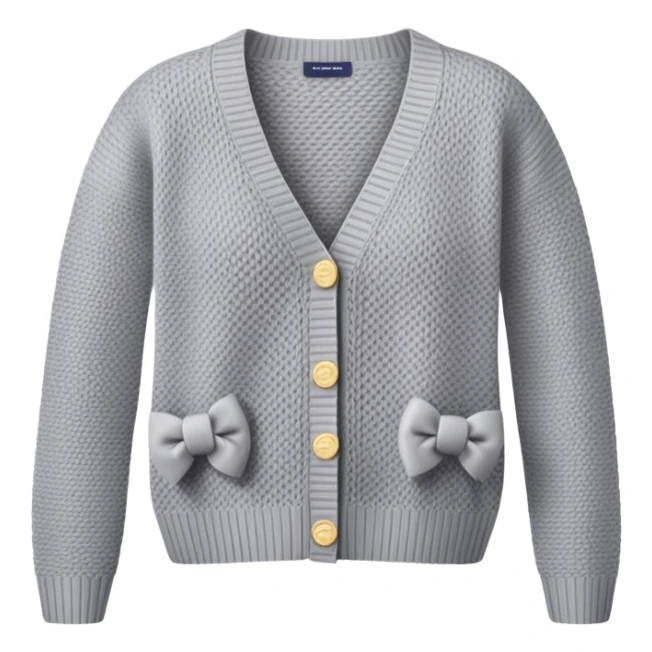 gray cardigan with bows all over, hyper-realistic knitted 3d, isolated sticker